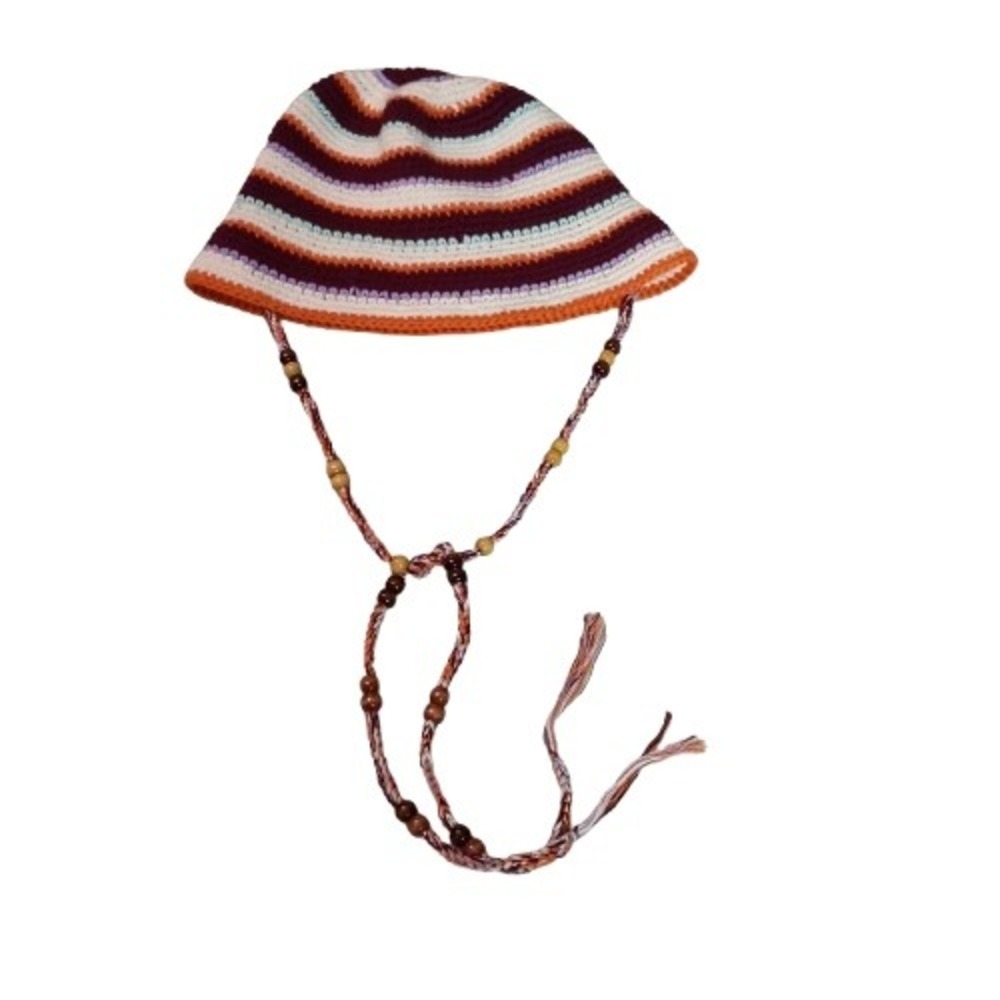 ZARA Crochet Striped Bucket Hat Beaded Tassels Ties Boho Festival Small 3920/215